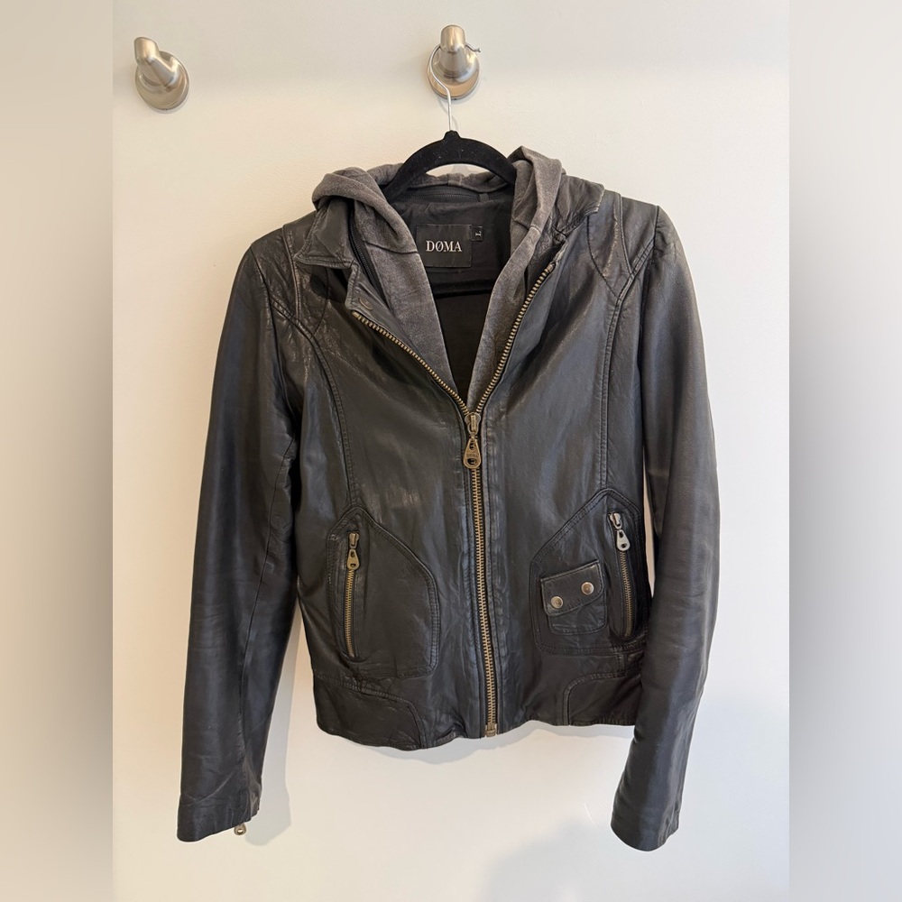 Doma Women's Black Leather Jacket with Removable Grey Hoodie